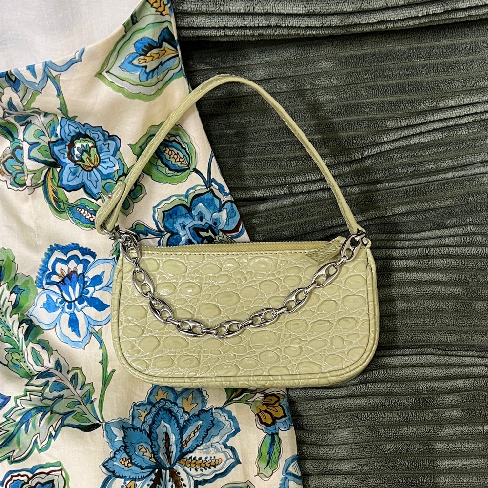 BY FAR Croc-Embossed Mini Shoulder Bag in Pale Green with Silver Chain